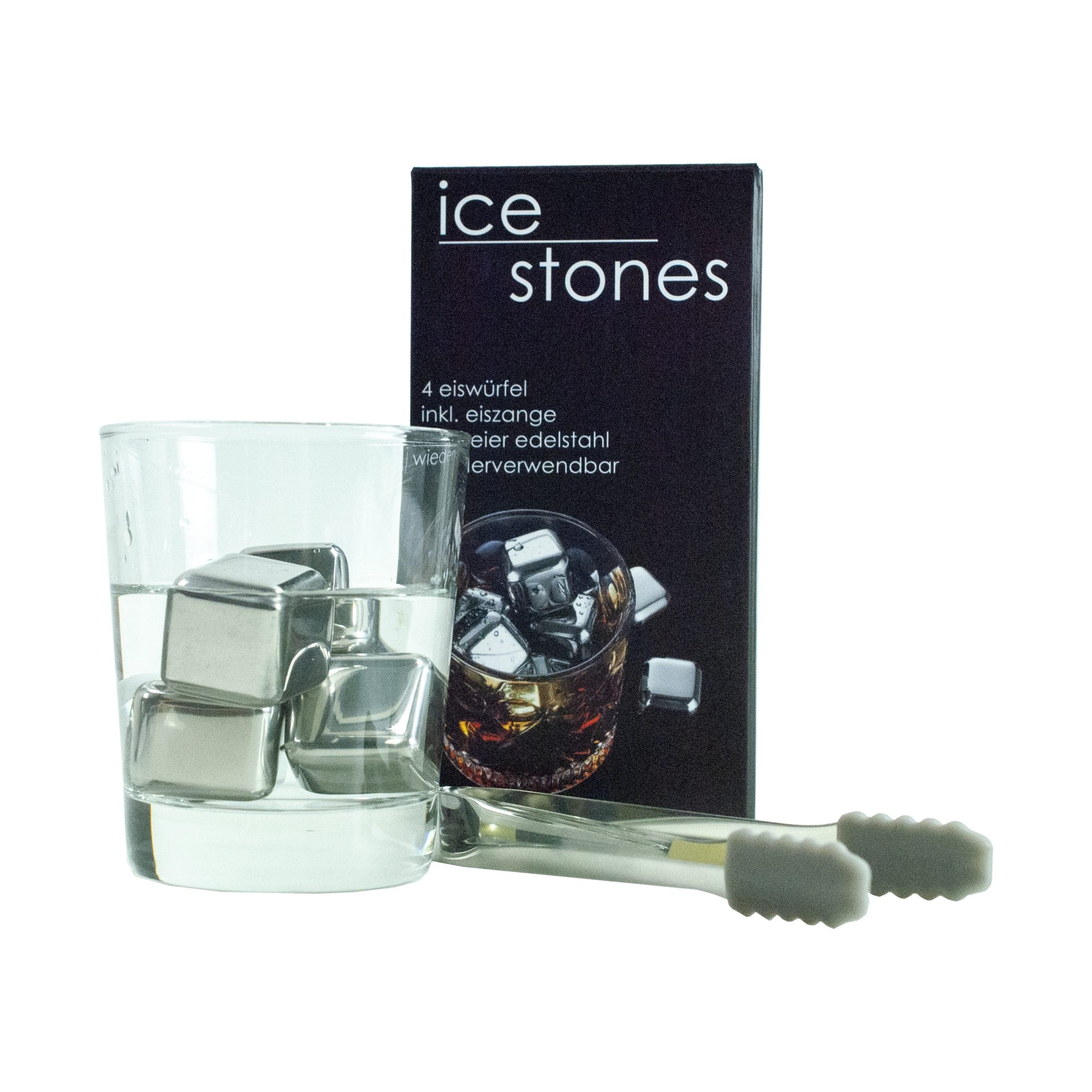 Ice Stones Whiskey Steine aus Edelstahl, 4-Tlg Inkl. Eiszange in Silber